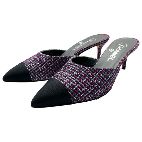 CHANEL Tweed Grosgrain CC Mules EU 38 US 7.5-8 Black Purple Pointed Toe Heels - Picture 4 of 15